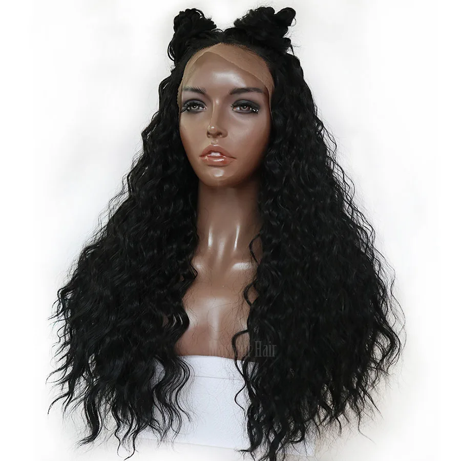 Maycaur Black Color Long Curly Wigs for Black Women Synthetic Lace Front Wigs with Natural Baby Hair (2)