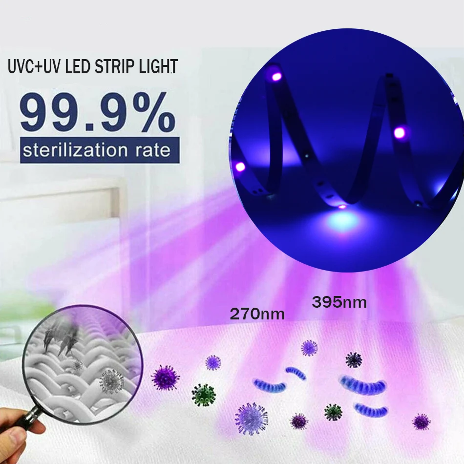 Фото Светодиодная ультрафиолетовая бактерицидная лента 2835 SMD UVC + UV 270nm + 395nm UV270nm + 395nm, световая светильник та, 12 В постоянного тока, 5 В №2