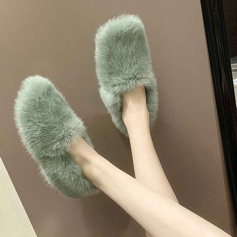 long furry rabbit hair lazy loafers comfortable soft soled casual flats winter luxury fur warm women moccasins slip on loafers
