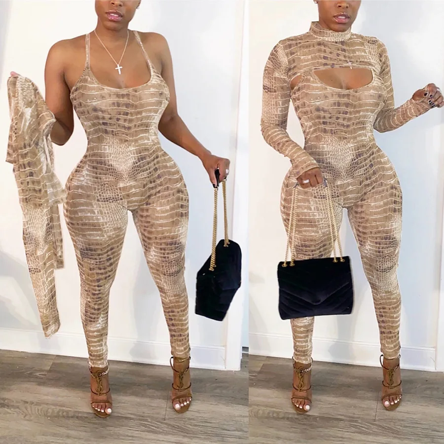 Snakeskin Print Sexy Club Two Piece Set Women Outfits Long Sleeve Stand Collar Crop Top Bodycon Jumpsuit Matching | Женская одежда