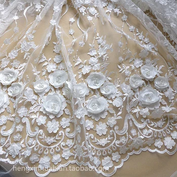 

1Y/Lot Wedding Dress Lace Fabric 3D Chiffon Flowers Nail satin Bead embroidery mesh fabric accessories G0455