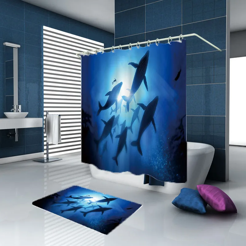 

Sholisa Shower Curtain Animal Deep Sea shark group Eco-friendly Modern 3 Dimensions digital For Toilet Bathroom Blue Waterproof
