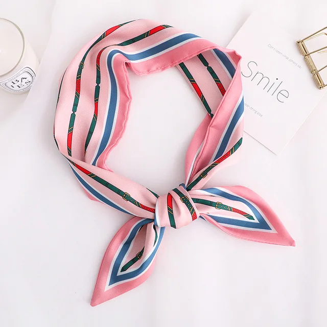 Sweet Love Print Women Small Silk Scarf Handle Bag Ribbons Female Head Scarves Sharp angle Green 90*10cm 62