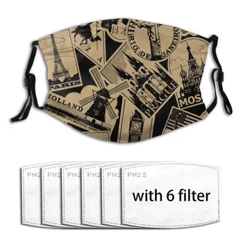 

Washable Face Breathing Mask Reusable Anti Dust Mouth Mask Vintage Paper Landmarks Travel Labels Mask For Adults