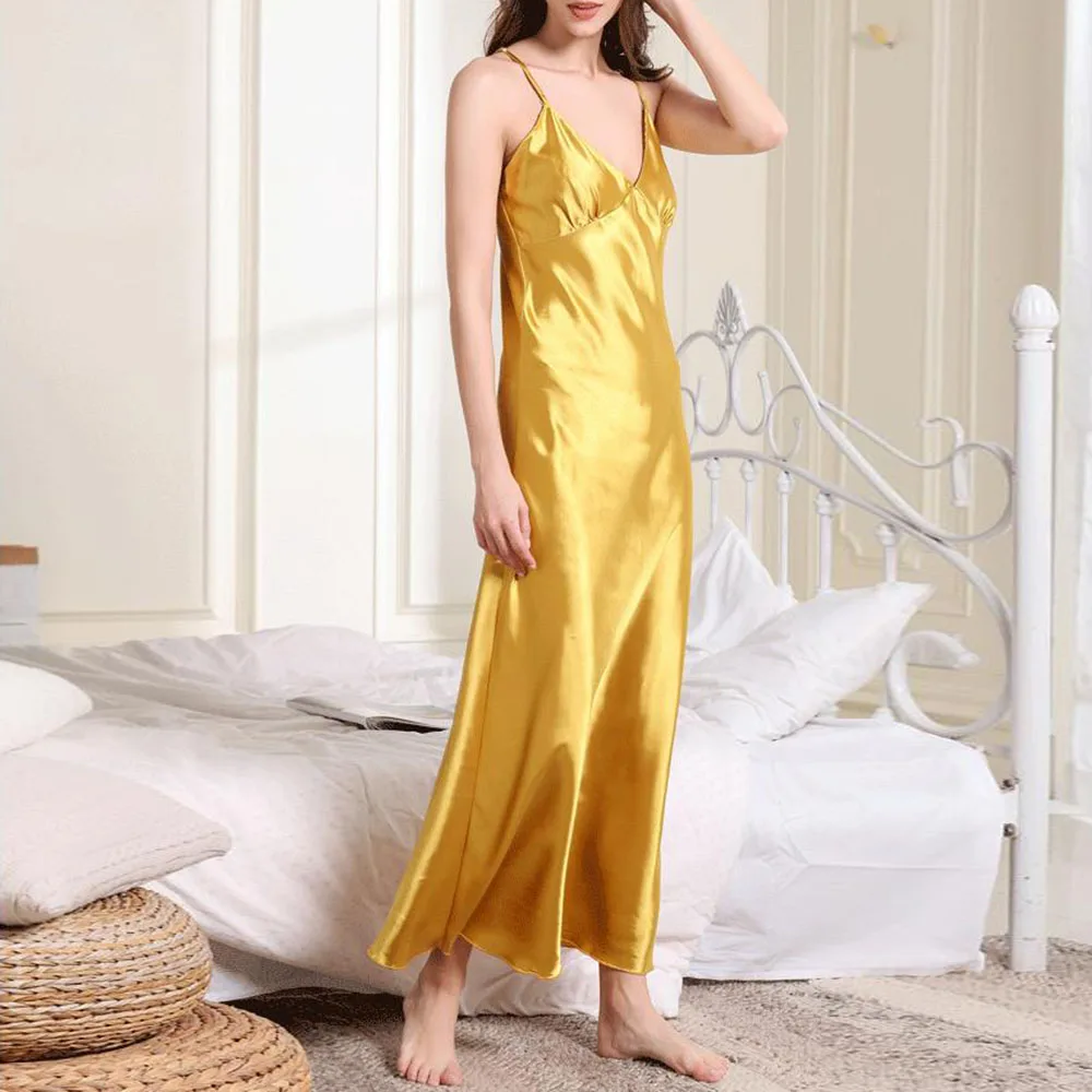 

Symmer Female Nightgowns V-Neck Spaghetti Strap Ankle-Length Gown Robes Yellow Pink Elegant Home Gown Dresses Sleepwears