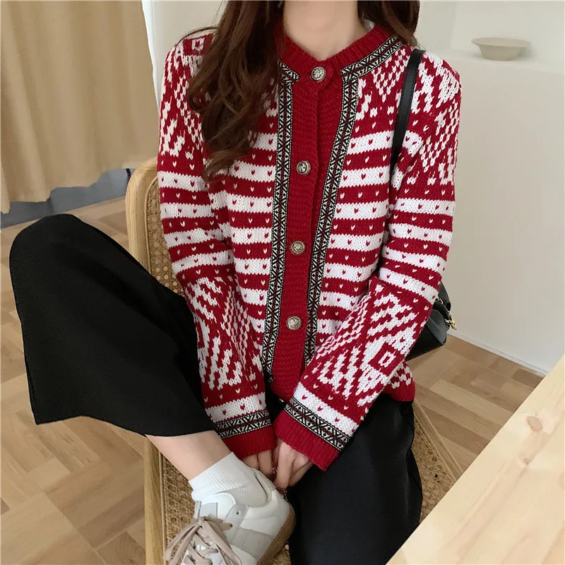 

Women Knitted Cardigan Sweater Coat Autumn Winter Vintage Breasted Korean O-Neck Coat Female Cardigans Sweaters Knitwear Female