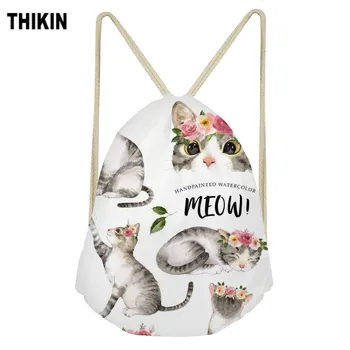 

ThiKin Cartoon Flower Headdress Cat Print Drawstring Bag Fashion Shoulder Bags Cute Animals Pattern High Capacity Personalized