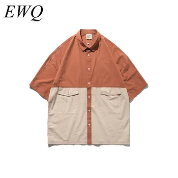 

EWQ / men's wear 2020 Summer fashion Shirt male Hit Color patchwork tops with Pocket Short Sleeve tops new tide big size 9Y916