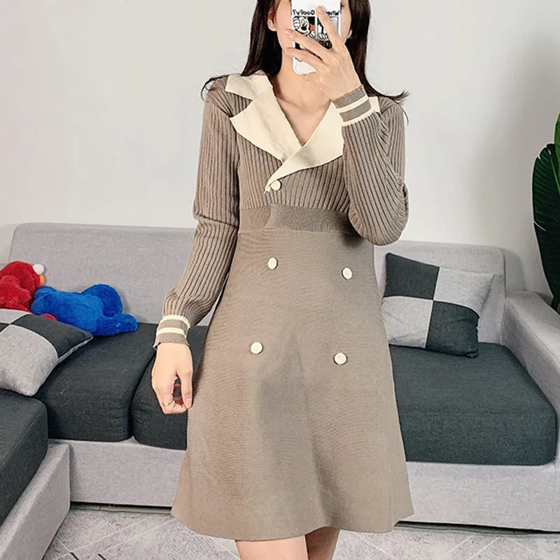 

Women Elegant Sweater Dress 2019 Fall Hit Color Notched Neck Double-breasted Knitted Women Dress Office Lady Black Jumper Dress