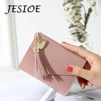 

Small Wallets Litchi Lether Purse Ladies Heart Tassel Slim Card Holder for Women Black Clutch Female Envelope Mini Short Wallet