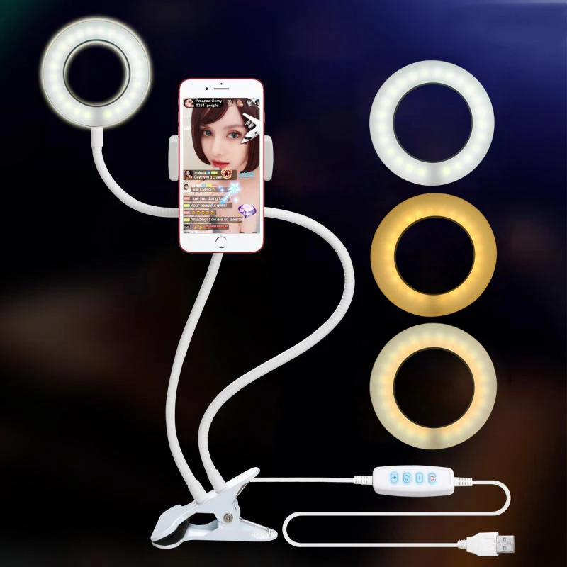 Кольцевой светильник для селфи с подставка-держатель для сотового телефона для живого потока и макияжа, USB светодиодный светильник для камеры [3-светильник] с гибким Lon