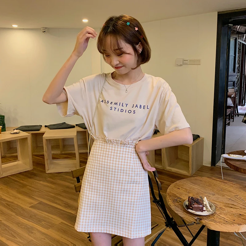 Юбки Женские Kawaii летняя с высокой талией трапециевидная клетчатая юбка женские s корейский стиль удобные студенческие Harajuku повседневные