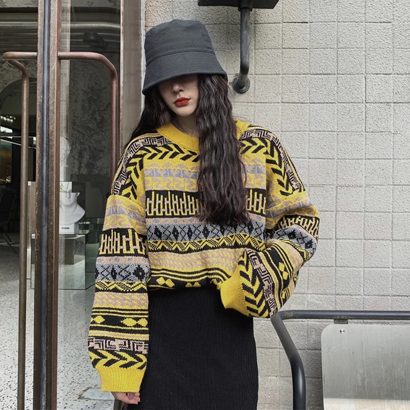 Gaganight осень зима винтажный свитер для женщин с длинными рукавами и круглым вырезом Harajuku Свободный пуловер Женская вязаная верхняя одежда ретро джемпер