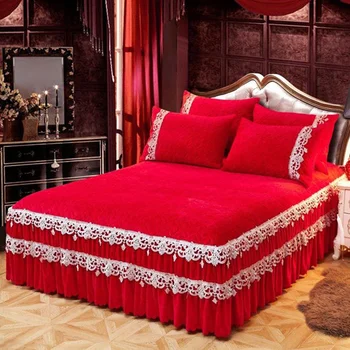 

42Thicker Warm Crystal Velvet Quilted Embroidery Bed Spread Fitted Sheet Pillowcases 2/3pcs Pleated Lace Princess Bedding