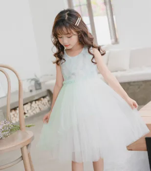 

Y3168 2020 summer new girl chiffon Dress high-end girl dresses flower sleeveless light green dress Big children's clothing