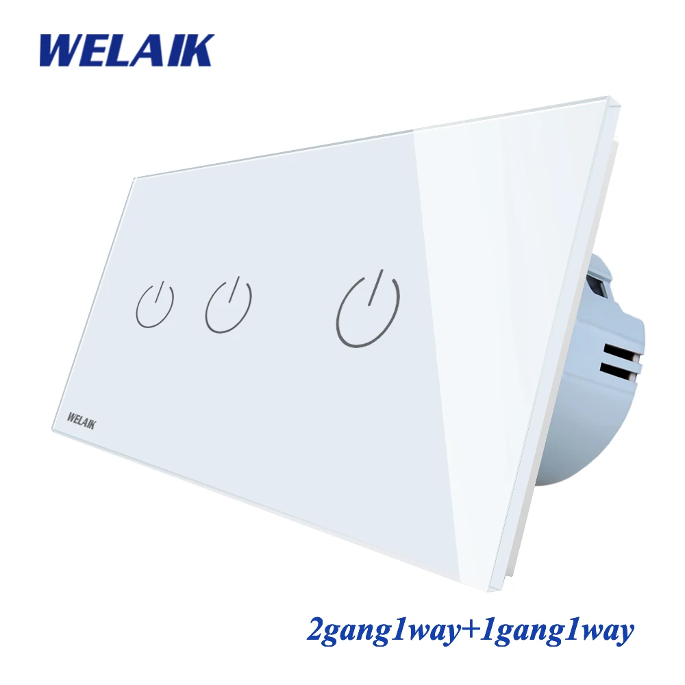WELAIK  2Frame Crystal-Glass Panel-Wall Switch-EU Touch-Switch  Light-Switch 2gang1way+1gang1way AC250V A292111CW/B