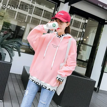 

Hoodies Fake Two Pieces Women Casual Loose Hooded Chic Womens Sweatshirt Pullover Korean Style Students Patchwork Printing Daily