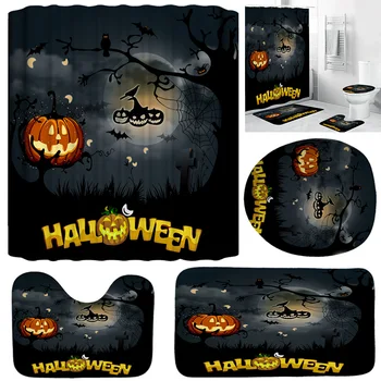 

4 Piece Halloween Shower Curtains Non-slip Bath Mat Base Carpet Cover Toilet Seat Cushion Set Halloween Bathroom Decoration