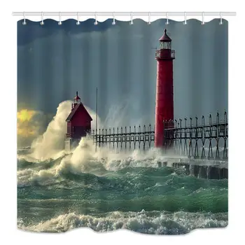 

Shower Curtain Ocean Wave Deccor Lighthouse and Red House on Sea Wharf Polyester Waterproof Fabric with 12 Hooks,66 x 72 Inches