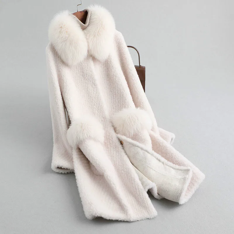beige Пальто из натурального меха лисы воротник шерстяная куртка весна осень пальто женская одежда корейские винтажные Топы Manteau Femme ZT3788 - Цвет: beige