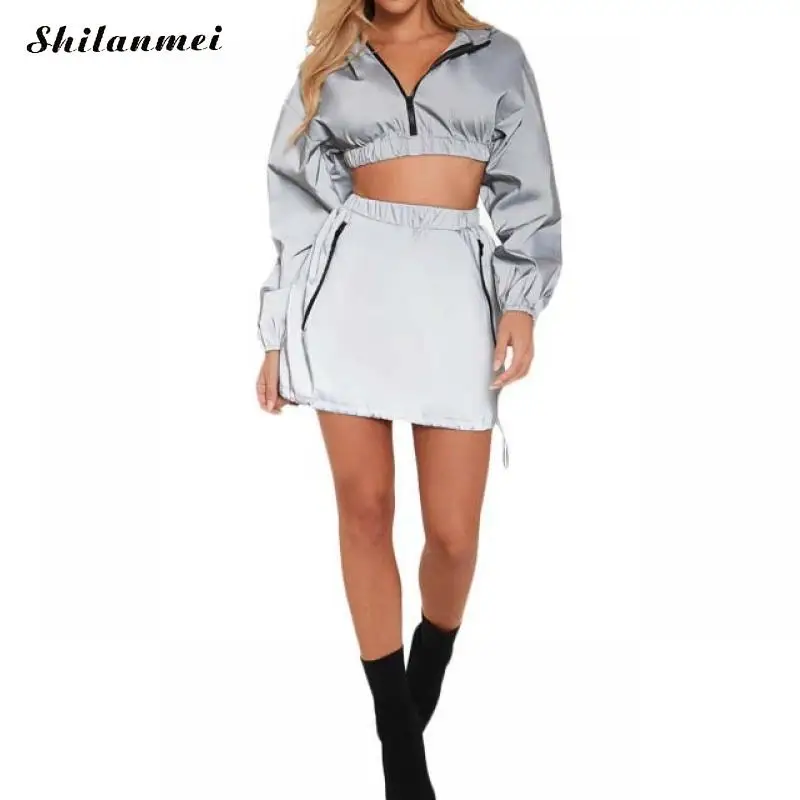 

2019 Fashion Women Club Outfits Zipped Hooded Sexy Reflective Silver Two Piece Set Long Sleeve Crop Top And Short Skirt Set