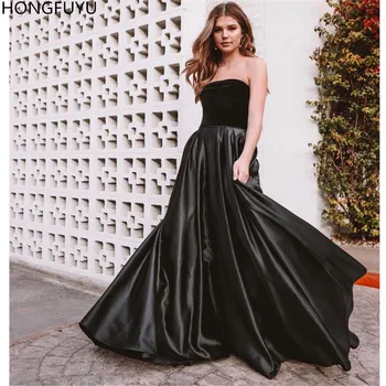 

HONGFUYU Velvet Top Strapless Ball Gown Prom Dresses Sexy Satin Backless robe de soiree Black Evening Party Formal Dress Long