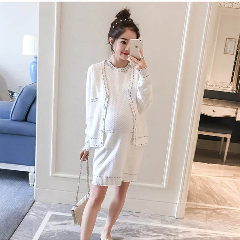 white Одежда для беременных, костюмы, новинка, Корейская версия, свитера, платья, вязаные свитера, пуловеры, наборы для беременных, куртка+ платье C0124 - Цвет: white