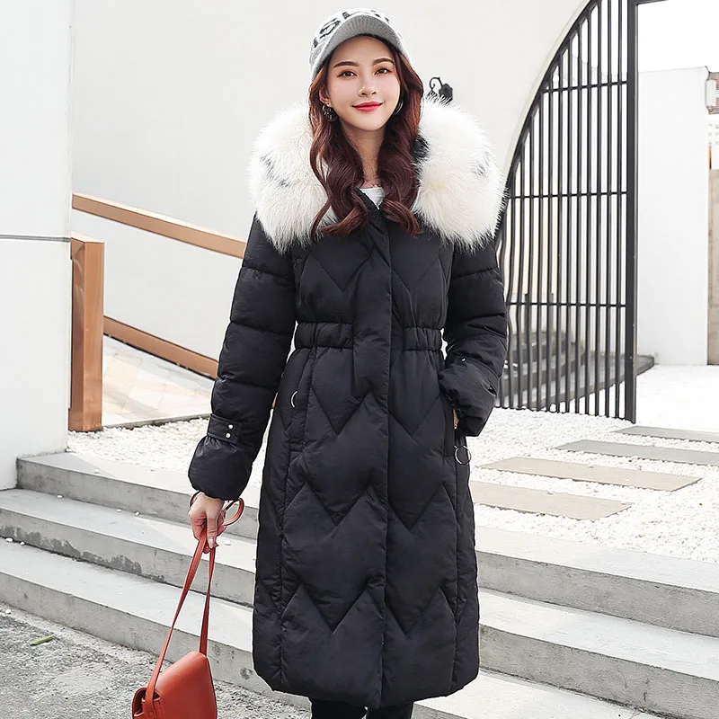 Черный X-long parkas зимняя женская куртка-25 градусов тонкий толстый теплый зимний большой меховой воротник с капюшоном куртка пальто парки верхняя одежда куртка - Цвет: Черный