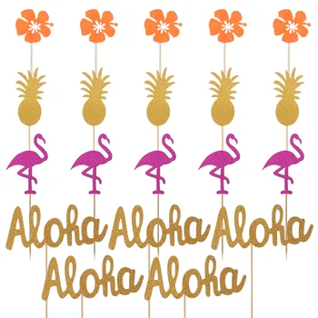 

20pcs Glitter Hawaii Party Aloha Pineapple Flamingo Flower Cake Insert Card Cake Picks Dessert Toppers Cake Decorations A30