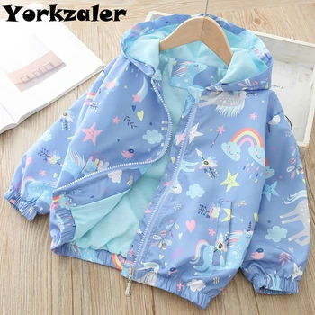 

Girls Unicorn Jacket Long Sleeve Windbreaker Cartoon Jacket with Hood Blue Color Jackets Fahion Outerwear for 2-7years Old