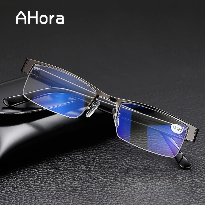 

Ahora Simple Men Business Reading Glasses Optical Diopter Blue Film Half Frame Presbyopia Glasses +1.0 1.5 2.0 2.5 3.0 3.5