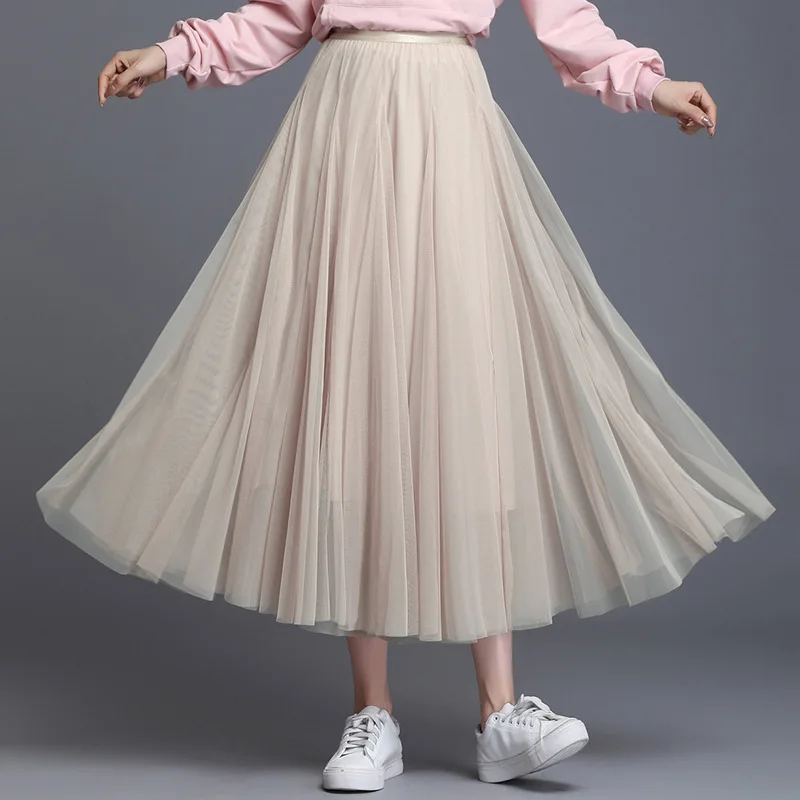 Плиссированная фатиновая юбка принцессы с подкладкой осенне-зимние вечерние длинные юбки с эластичной резинкой на талии Jupe Longue Falda Larga Gonne