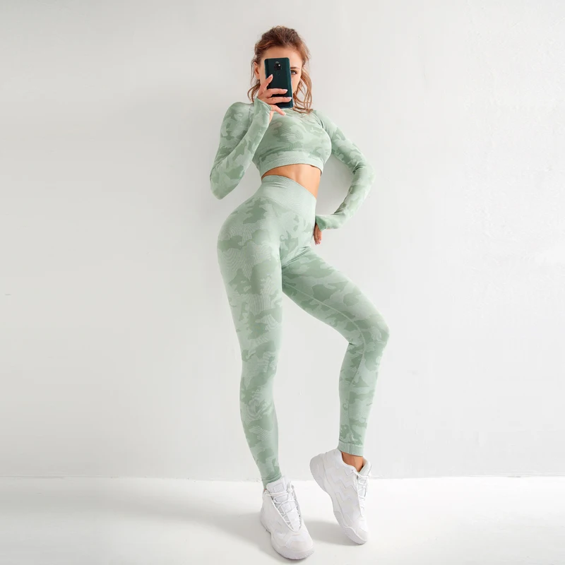 Beste Yoga Set Vrouwen Naadloze Fitness Kleding Yoga Beha Sport Lange Mouwen Tops Camouflage Gym Leggings Broek Pak Workout Sportkleding