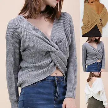 

Autumn Winter Twisted Backless Women Solid Color Slim V Neck Sweater Jumper
