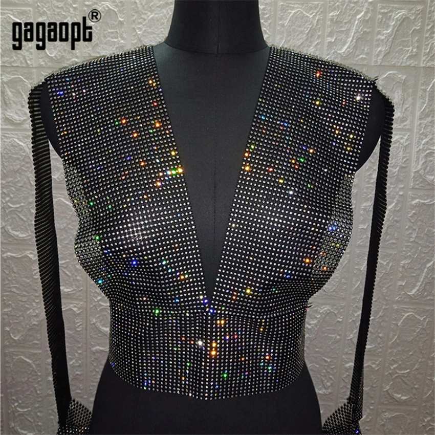 Gagaopt, блестящие стразы, топ на бретелях, сексуальный глубокий v-образный вырез, прозрачный лоскутный топ с вырезами, вечерние топы для ночного клуба