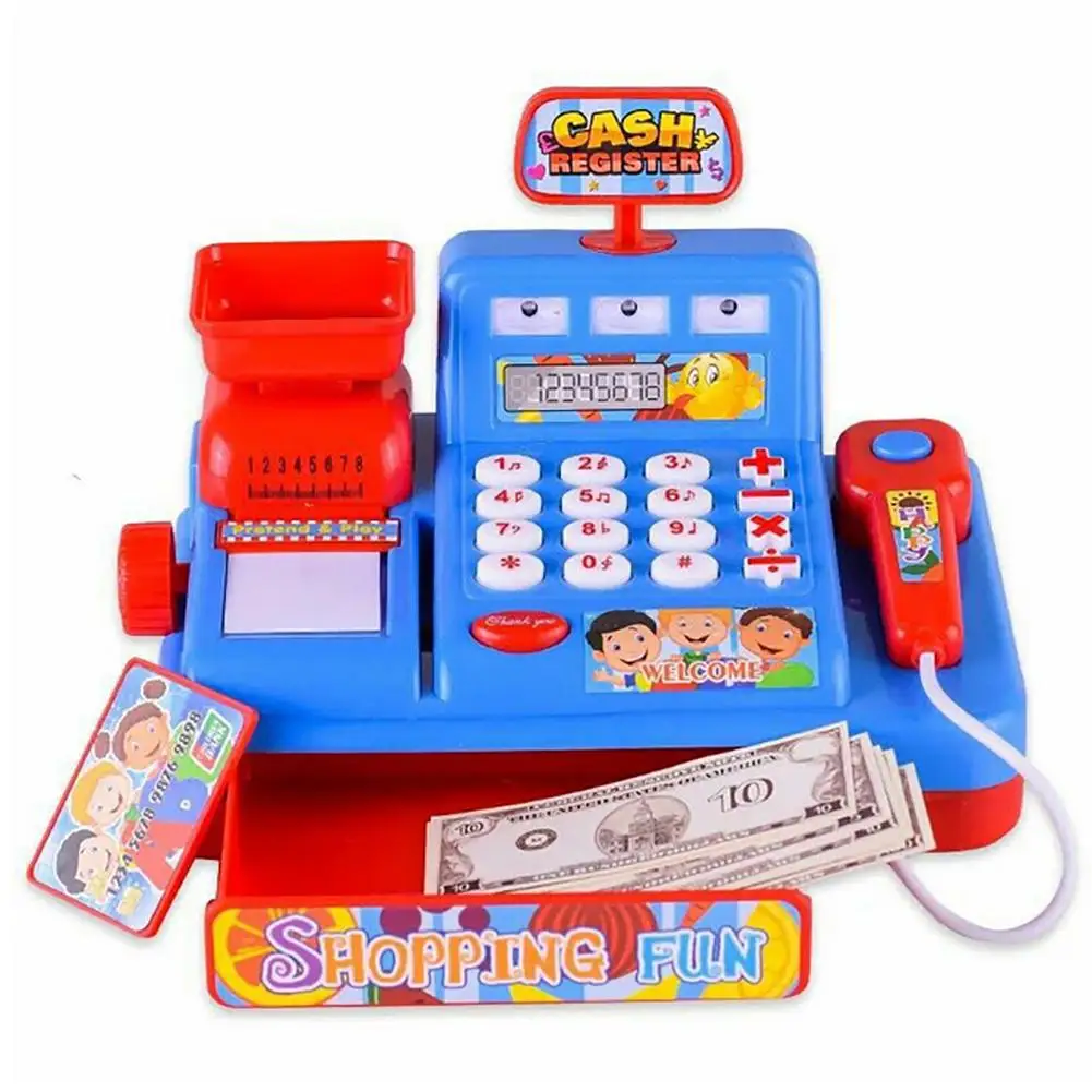 Multifunctional Simulation Market Cash Register with Light Music Kids Play Toy,Perfect Child Intellectual Toy Gift Set Blue 