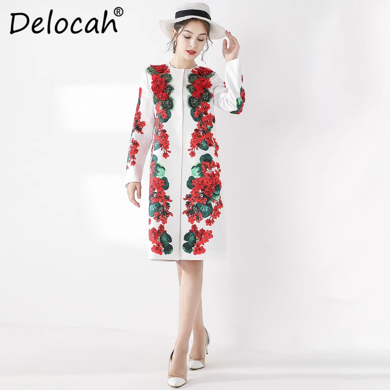 Delocah, модное осенне-зимнее Свободное пальто для подиума, женское однобортное пальто с длинными рукавами и цветочным принтом, элегантная винтажная одежда