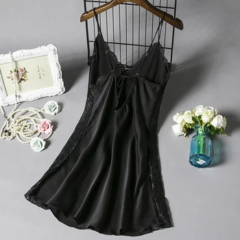 

Black Women Nightgown Sexy Lace Spaghetti Strap Summer Home Wear Night Shirts Satin Sleepwear Casual Nightshirt Nightdress
