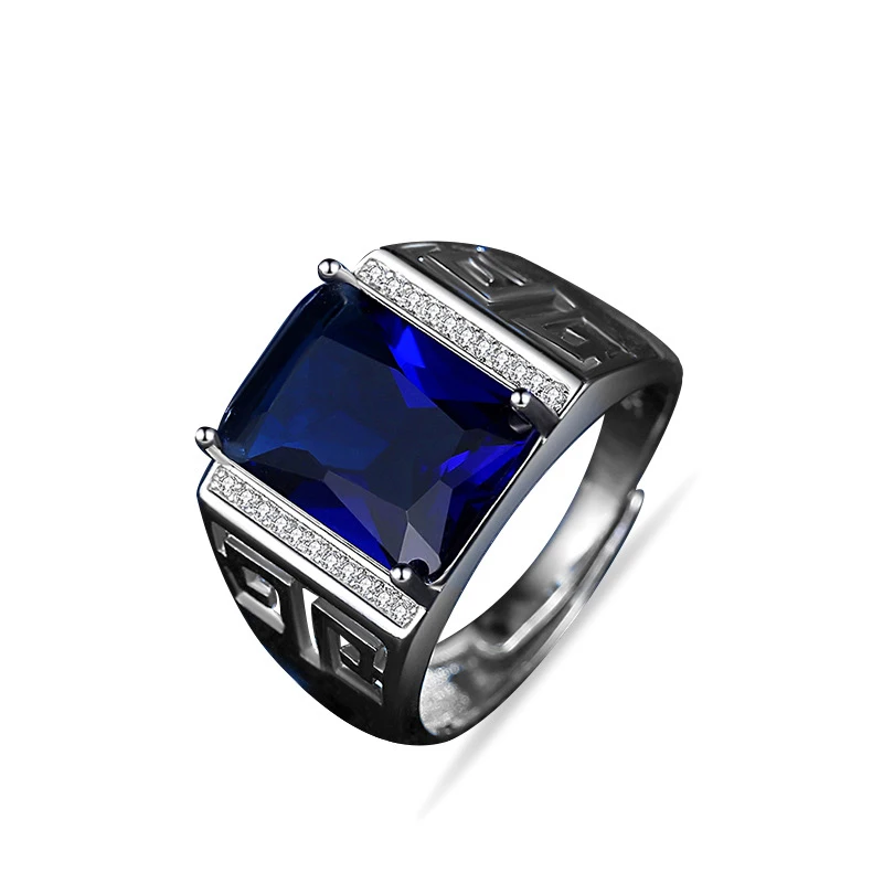 Silver Gemstone Ring Men Wedding Jewelry with Sapphire Zircon