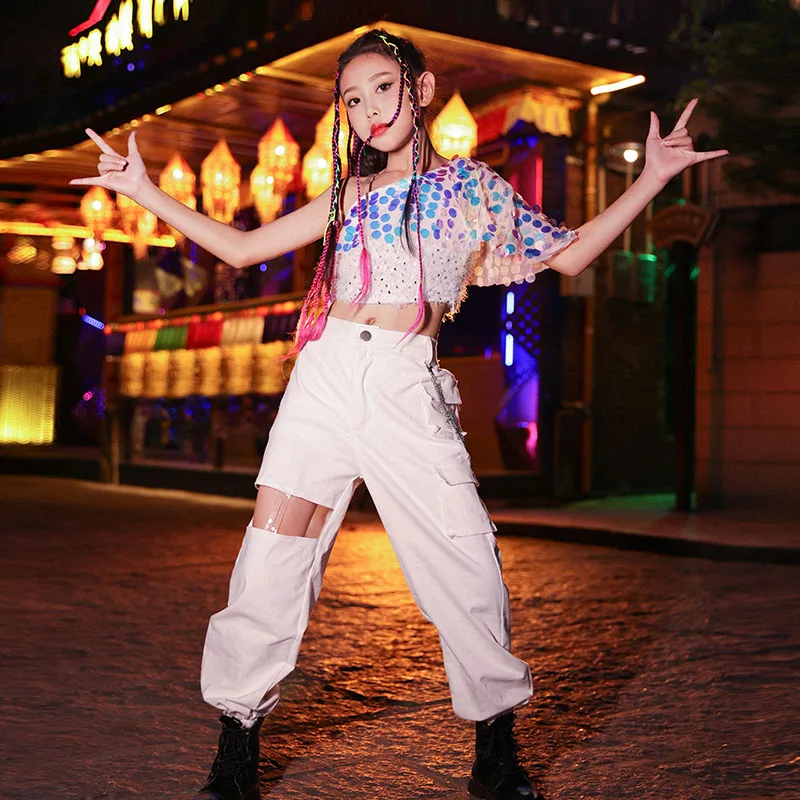 

Костюм для джазовых танцев для девочек-подростков, уличная одежда в стиле хип-хоп, топ с блестками, ажурные свободные брюки, одежда для уличных танцев и представлений, VDB4241