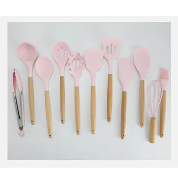 

Silicone Kitchenware Utensils Set Kitchen Non-stick Baking Home Wooden Handle Cooking Cooking Tool Storage Bucket