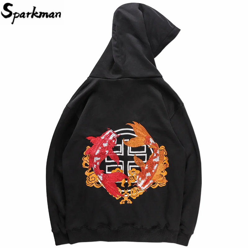 

2019 Men Hoodie Streetwear Chinese Embroidered Koi Fish Hoodie Sweatshirt Harajuku Pullover Hoodies Autumn Sweat Shirts Cotton