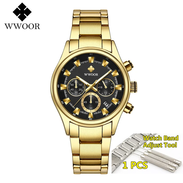 Мужские часы лучший бренд класса люкс WWOOR золотые черные часы мужские Новые водонепроницаемые Хронограф Золотые мужские наручные часы мужские - Цвет: gold-black-with-tool