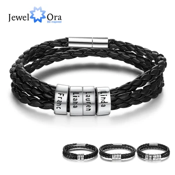 JewelOra Personalized Family Names Men Bracelet with Custom Beads Black Multilayer Leather Charm Bracelets for Men Accessories
