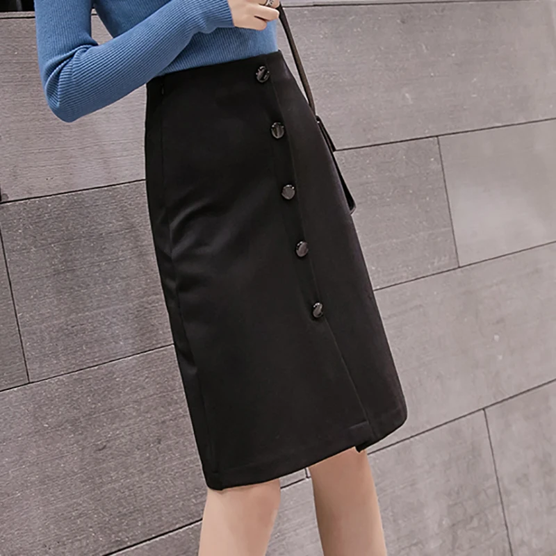 Faldas Mujer Moda, черные юбки для женщин, офисные, на пуговицах, эластичные, элегантные, Осень-зима, юбка для женщин, новая женская одежда, Jupe Femme