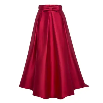 

New Elegant Skirt Women High Waist Red Solid Color Long Skirts Girls Plain Party Skirts Ankle -Length Zipper Bowknot