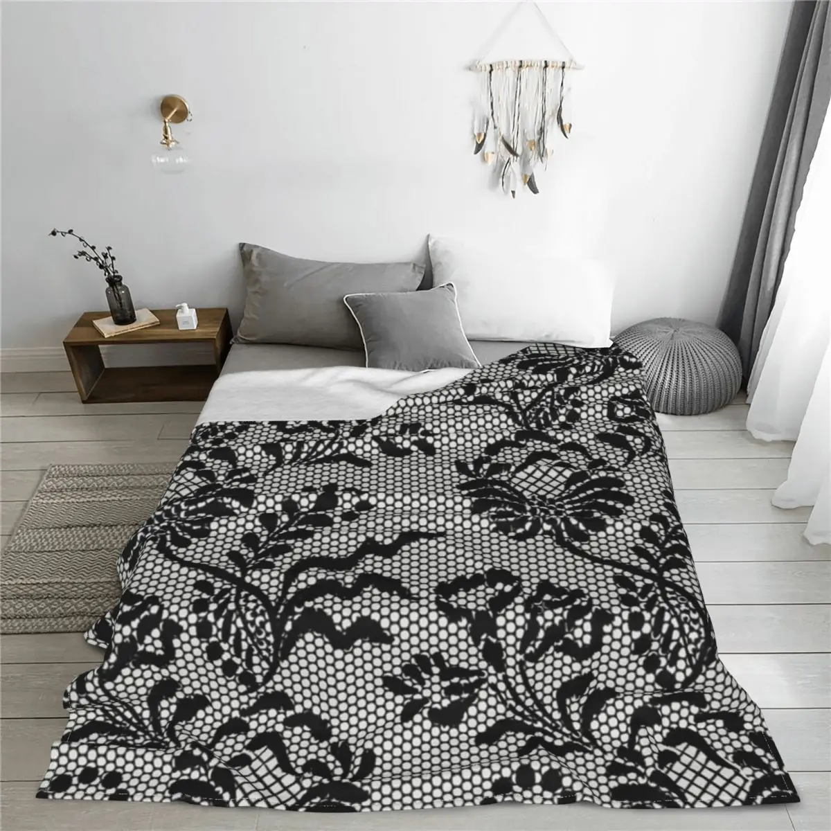 Black Lace Printing Floral Damask Gray Winter Thicken Coral fleece