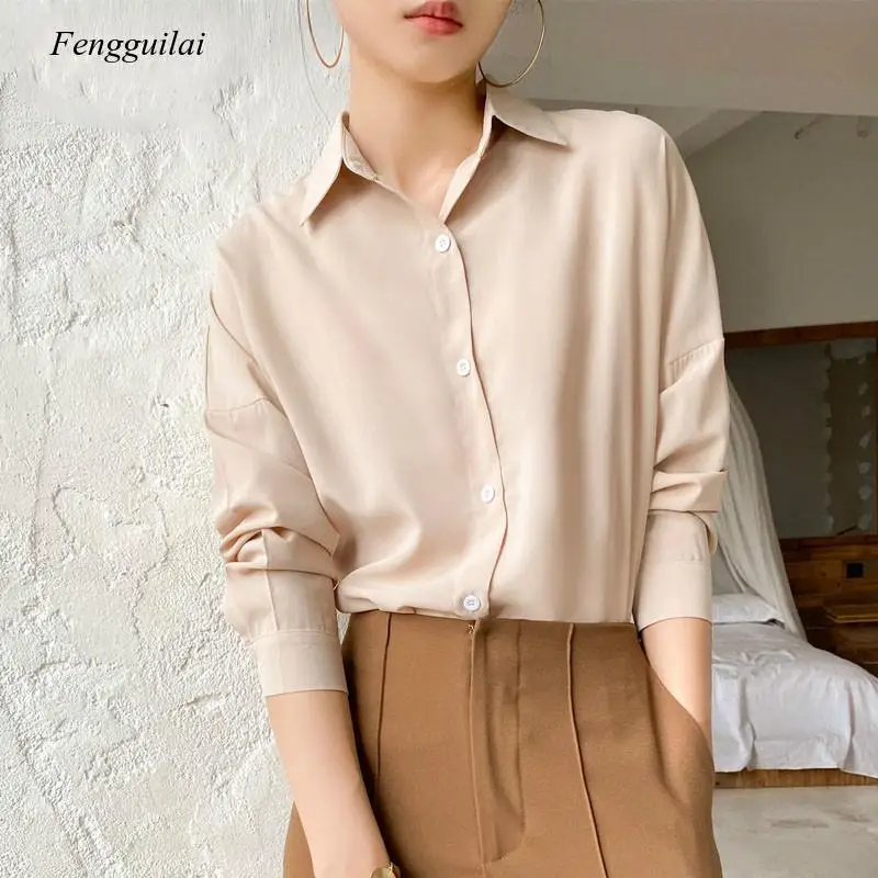 Женская блузка модная 2021 однотонная Повседневная Свободная рубашка с длинным рукавом Элегантная Повседневная Женская блузка с отворотом