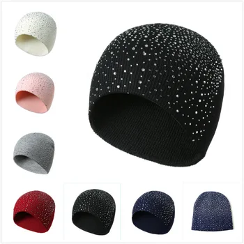 

Autimn Winter Hot Sale Women Knitted Hats Cotton Drilling Skullies Beanies Winter Thick Warm Hat Solid Female Hat Girls Women