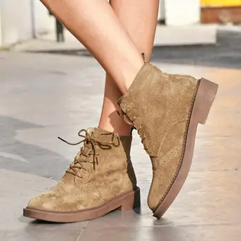 

Ankle Boots Women Brogue Style Genuine Leather Pigskin Suede Handmade Lace Up Brand Lady Fashion Shoes